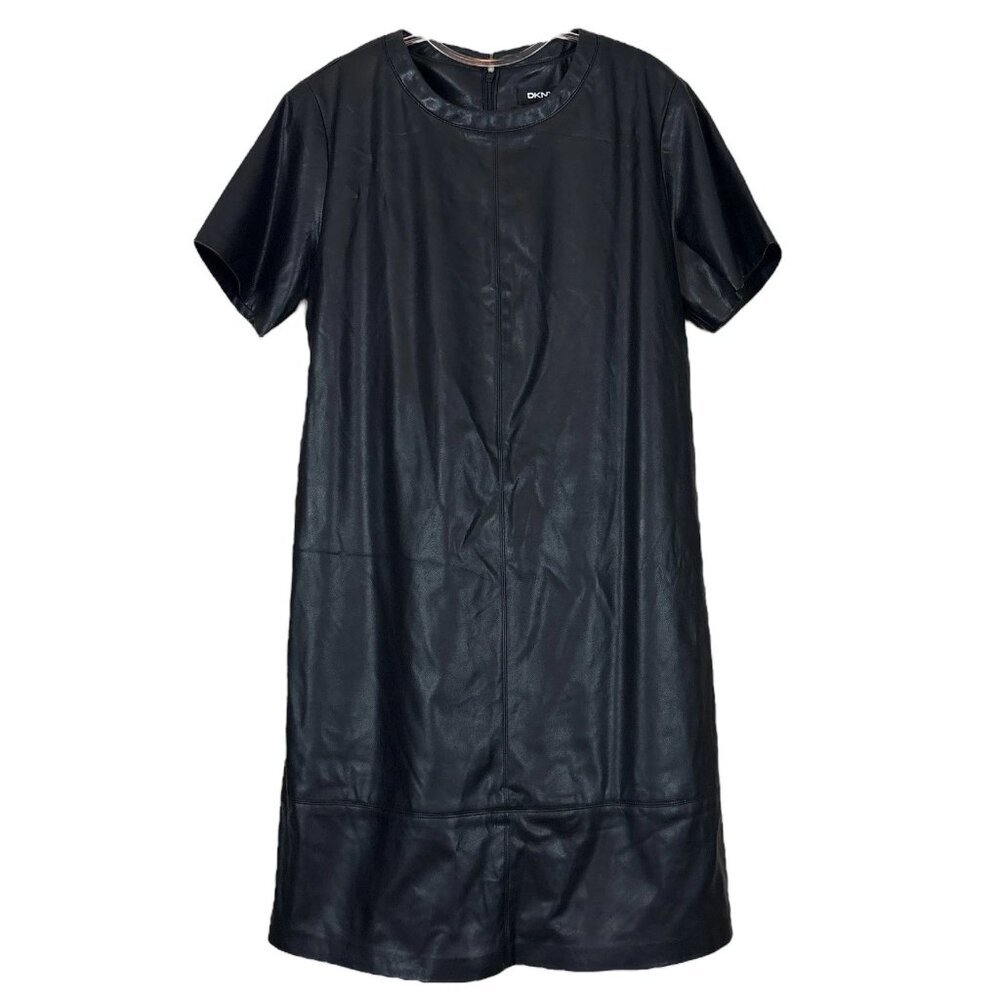 DKNY Donna Karan Soft Faux Leather Zip Cocktail T-Shirt Dress Black Size US 4